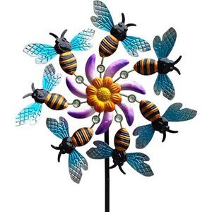 39" Bee Wind Spinners Metal Garden Stake-Outdoor Yard Windmill-Wind Sculpture
